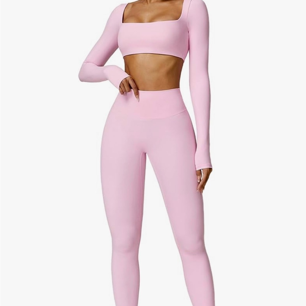 Pink Long Sleeve Crop Top and Leggings Set